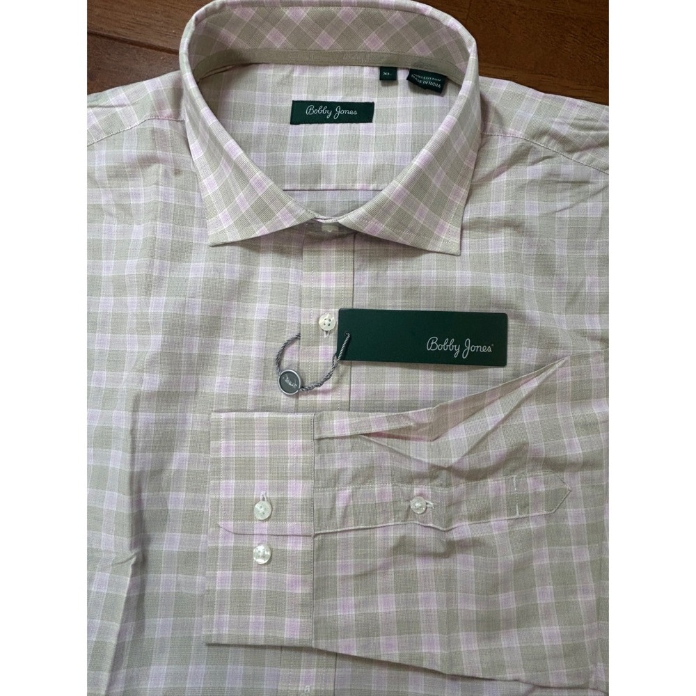 Bobby Jones Button Down Shirt Mens XL Tan Lavender Plaid Cotton Long Sleeve New